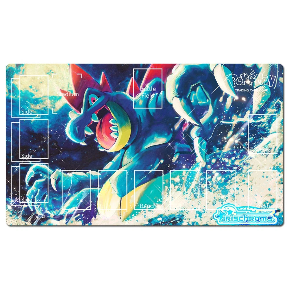 A rectangular Pokémon trading card playmat featuring a vibrant illustration of Cyndaquil in blue, red, yellow, and black tones, with white layout boxes and the Pokémon Trading Card Game logo.