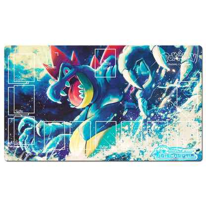 A rectangular Pokémon trading card playmat featuring a vibrant illustration of Cyndaquil in blue, red, yellow, and black tones, with white layout boxes and the Pokémon Trading Card Game logo.