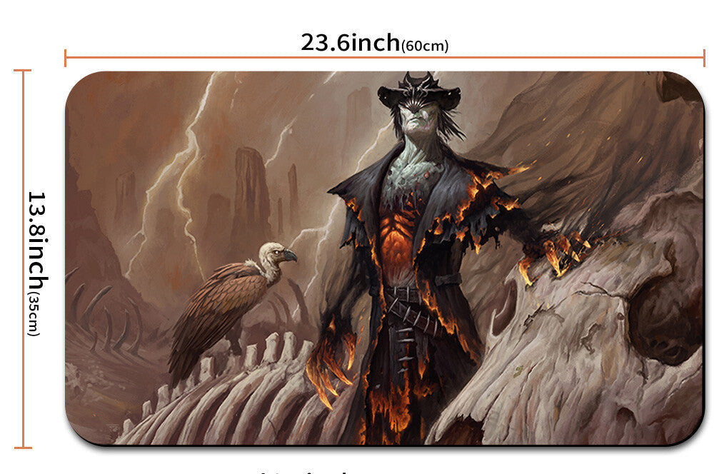 Illustration of a character and vulture with dimensions on a brown background