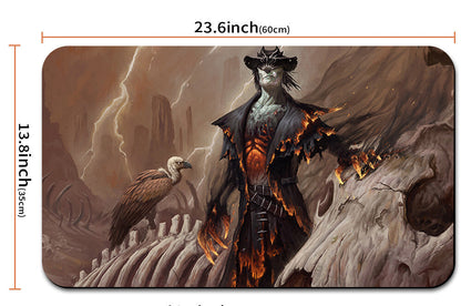 Illustration of a character and vulture with dimensions on a brown background