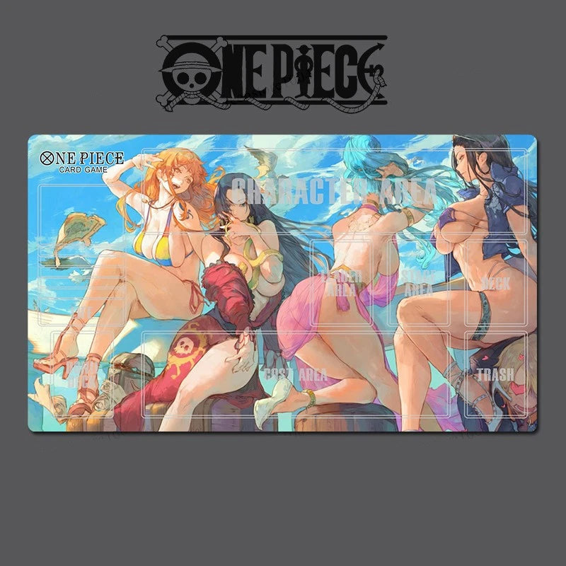 One Piece card game playmat with four characters on a gray background