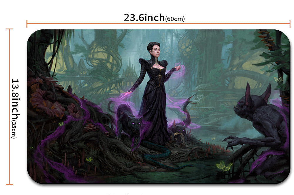 Product with a fantasy design featuring a woman in a dark outfit surrounded by mystical elements, with measurements displayed.