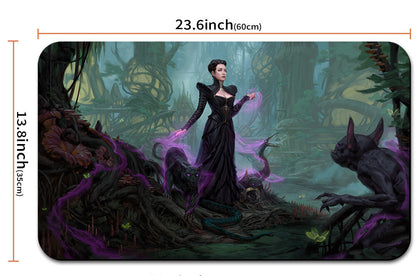 Product with a fantasy design featuring a woman in a dark outfit surrounded by mystical elements, with measurements displayed.