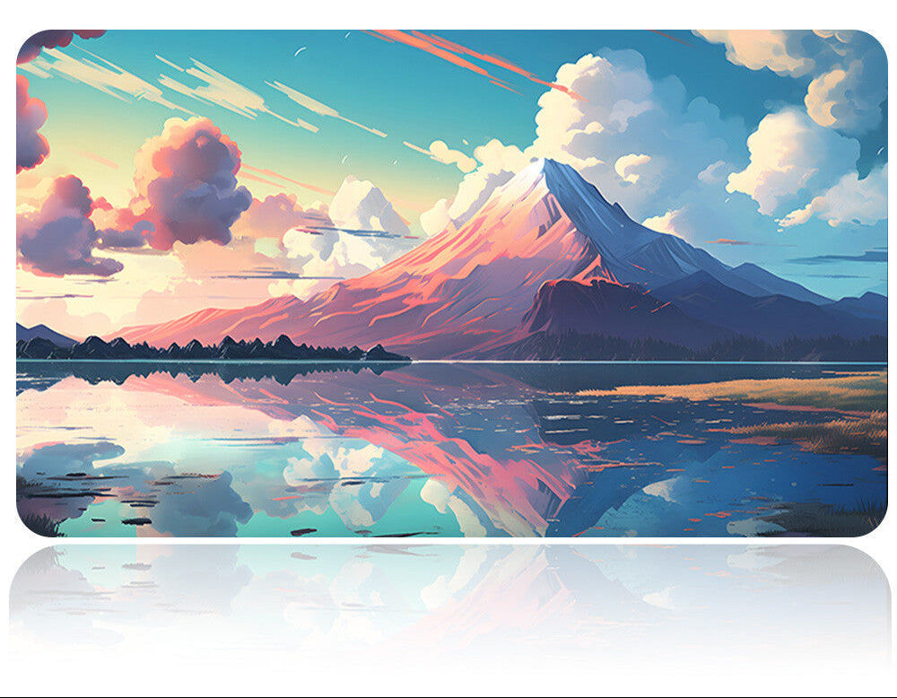 Mouse pad with mountain and lake design and a pen on a white background