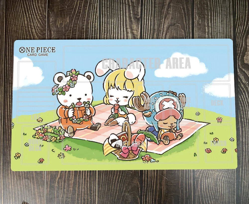 Card game mat with cartoon characters on a wooden surface