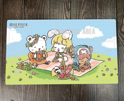 Card game mat with cartoon characters on a wooden surface