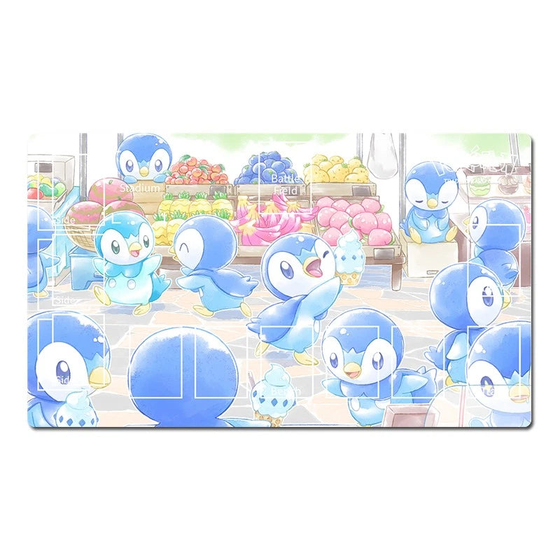 A rectangular printed item, likely a coaster or small plaque, featuring a pastel illustration of blue penguin characters in a fruit and vegetable market. The artwork shows multiple blue penguins in various poses among colorful produce displays, with a soft, light background.