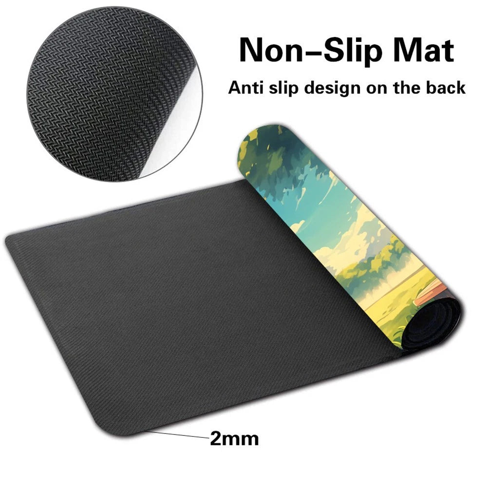 A black non-slip yoga mat with a rolled-up back showing a colorful scenic print, on a white background with text reading 'Non-Slip Mat' and '2mm'.
