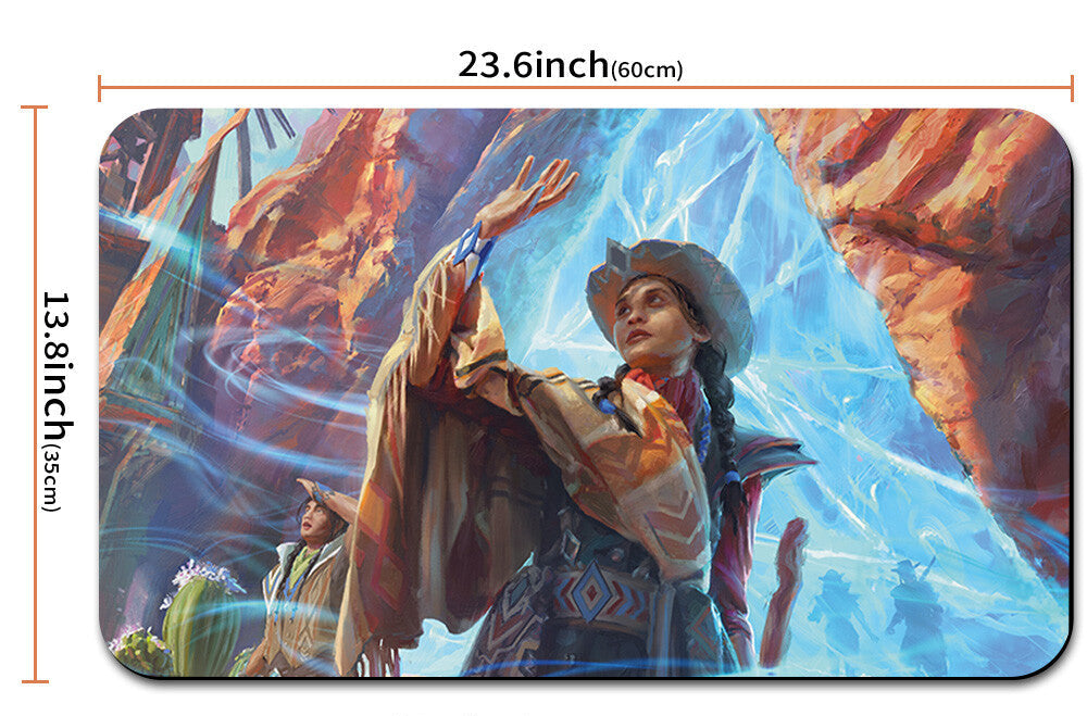 Mouse pad with a scenic design of people in a desert landscape, shown with dimensions.