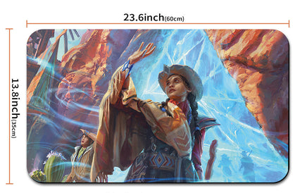 Mouse pad with a scenic design of people in a desert landscape, shown with dimensions.