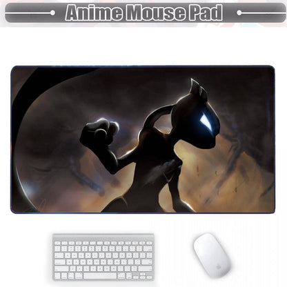 An anime-themed mouse pad featuring a dark silhouette character with glowing blue eyes, shown with a white keyboard and mouse on a white background under the text 'Anime Mouse Pad'.