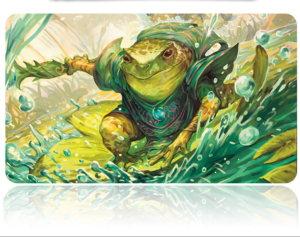 Frog-like creature in fantasy attire with a tool on a decorative mat