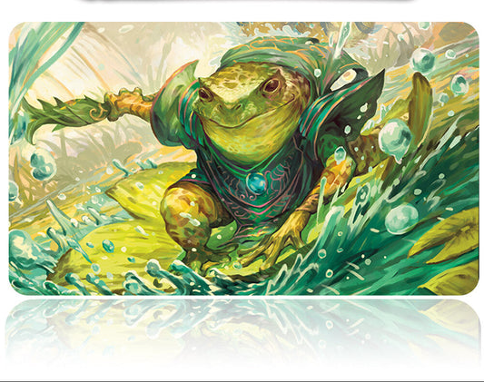 Frog-like creature in fantasy attire with a tool on a decorative mat
