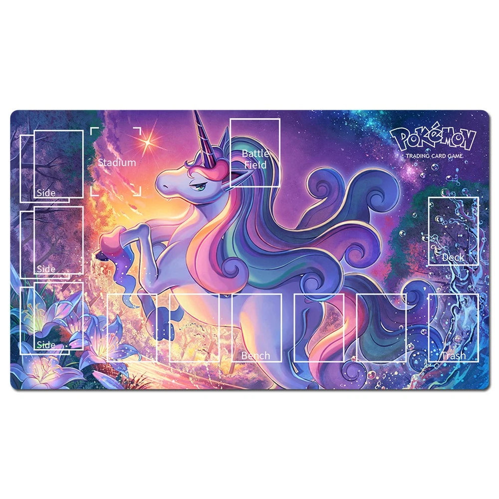 A rectangular Pokémon trading card game playmat featuring a colorful fantasy unicorn illustration on a purple and blue cosmic background, with printed card frame outlines and labeled zones.
