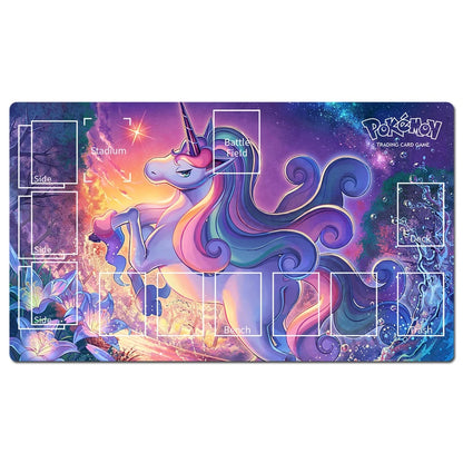 A rectangular Pokémon trading card game playmat featuring a colorful fantasy unicorn illustration on a purple and blue cosmic background, with printed card frame outlines and labeled zones.