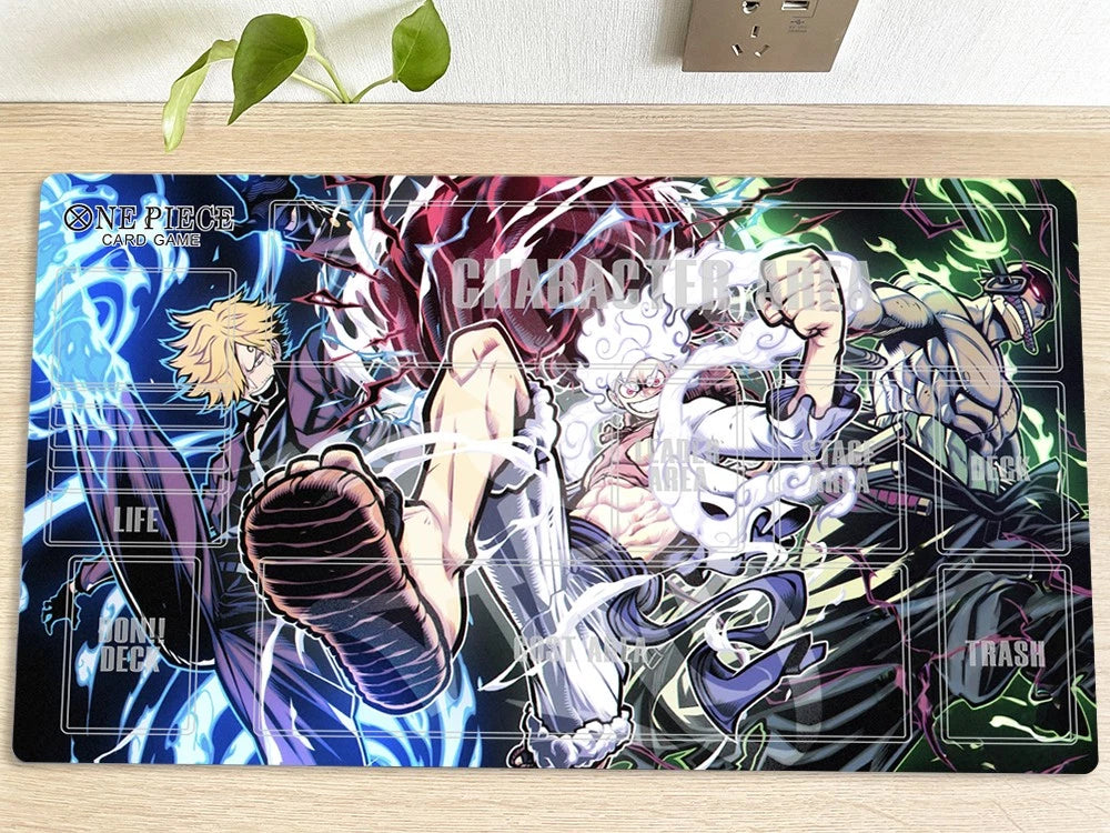Anime-themed playmat with character designs on a wooden surface.