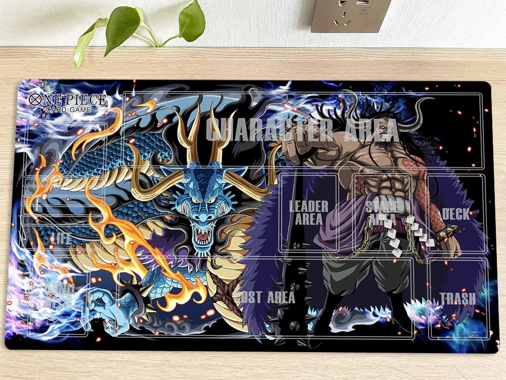 Colorful playmat with character design on a wooden surface