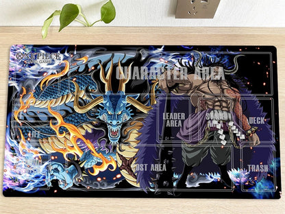 Colorful playmat with character design on a wooden surface