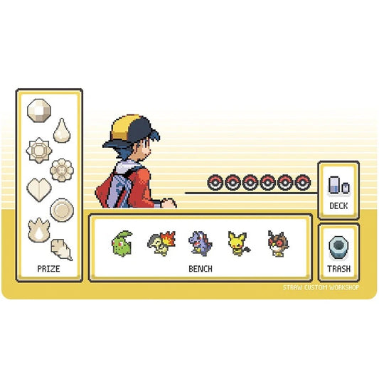 Pixel-art Pokémon-themed deck box design with a character in a yellow and black hat facing a row of Pokémon badges, plus labeled sections for PRIZE, DECK, and TRASH on a pale yellow background.