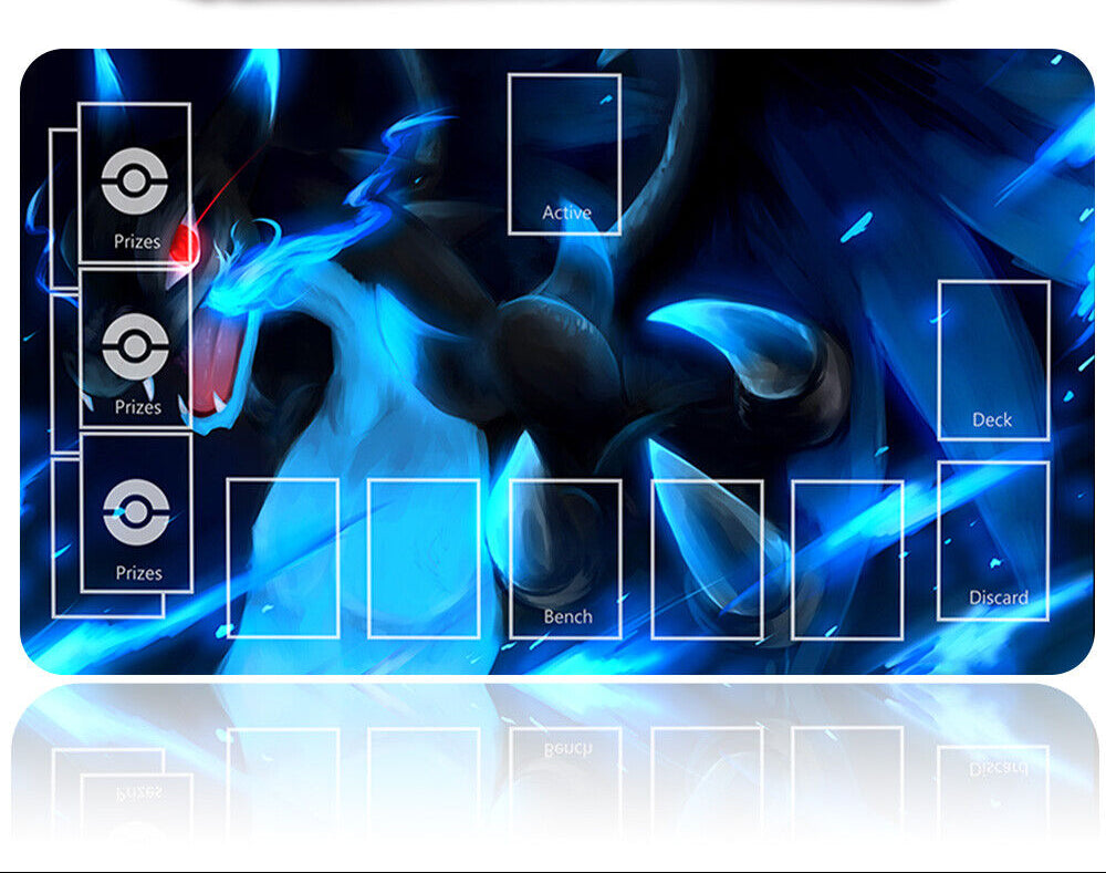 Pokémon trading card game playmat with Pokémon logo and card layout on a reflective surface.