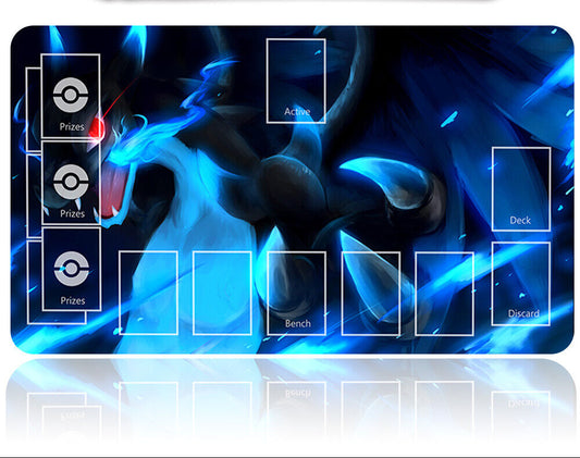 Pokémon trading card game playmat with Pokémon logo and card layout on a reflective surface.