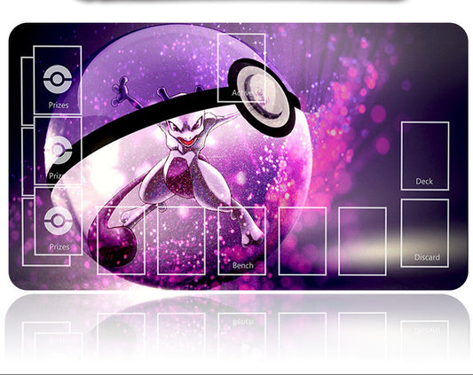 Pokémon themed card game mat with character design and card storage areas.