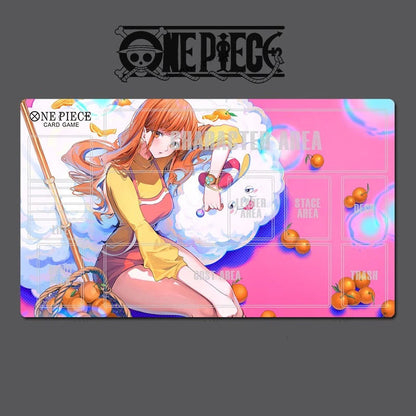 A One Piece card game playmat featuring an anime illustration of Charlotte Linlin on a pink and blue stage background, shown against a dark gray backdrop with the One Piece logo above.