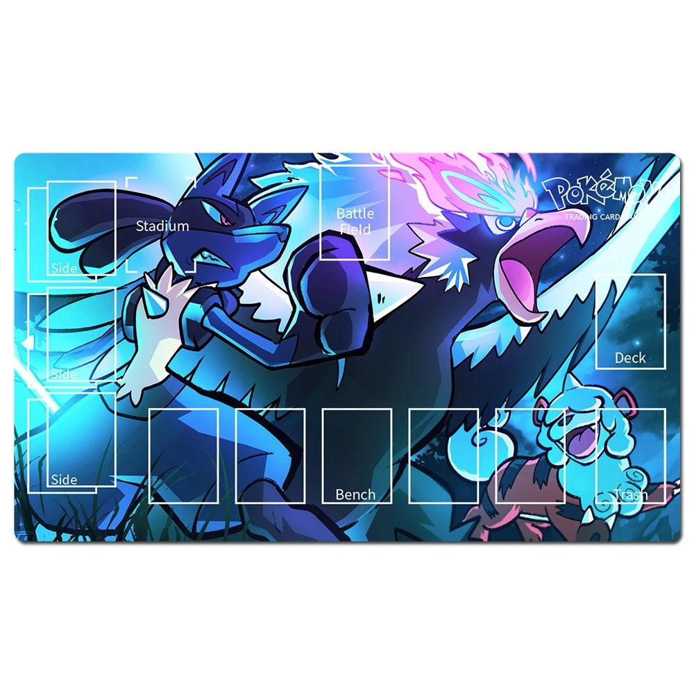 A rectangular Pokémon-themed gaming mat with rounded corners, featuring artwork of Gliscor and a blue-white bird Pokémon on a bright blue background, with printed play area labels such as Stadium, Bench, Deck, and Side.