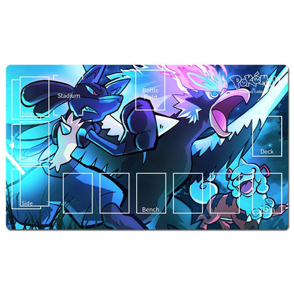 A rectangular Pokémon-themed gaming mat with rounded corners, featuring artwork of Gliscor and a blue-white bird Pokémon on a bright blue background, with printed play area labels such as Stadium, Bench, Deck, and Side.