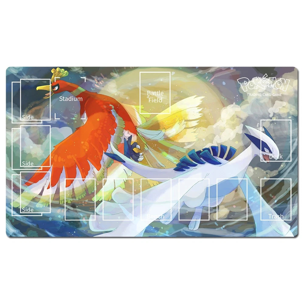 A rectangular Pokémon TCG playmat featuring artwork of Ho-Oh and a white bird character against a blue and yellow background, with printed playmat markers and the Pokémon logo.