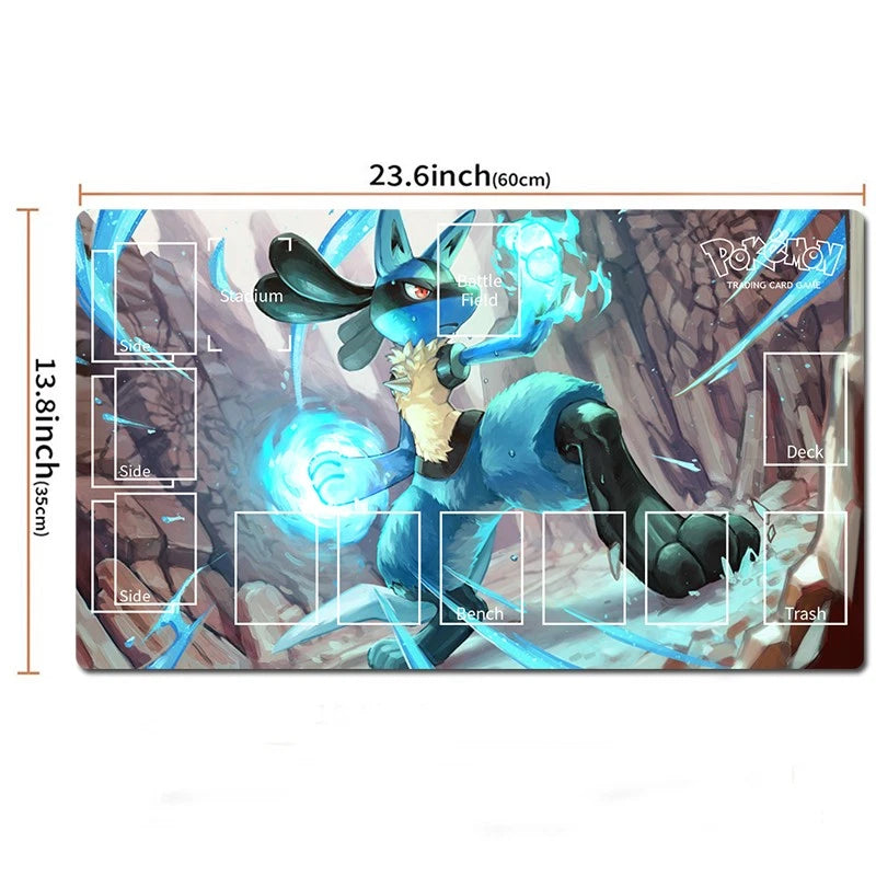 A rectangular Pokémon playmat featuring an illustrated blue and black creature in a rocky scene, with printed play areas labeled for cards and a Pokémon logo in the top right. Measurement annotations showing 23.