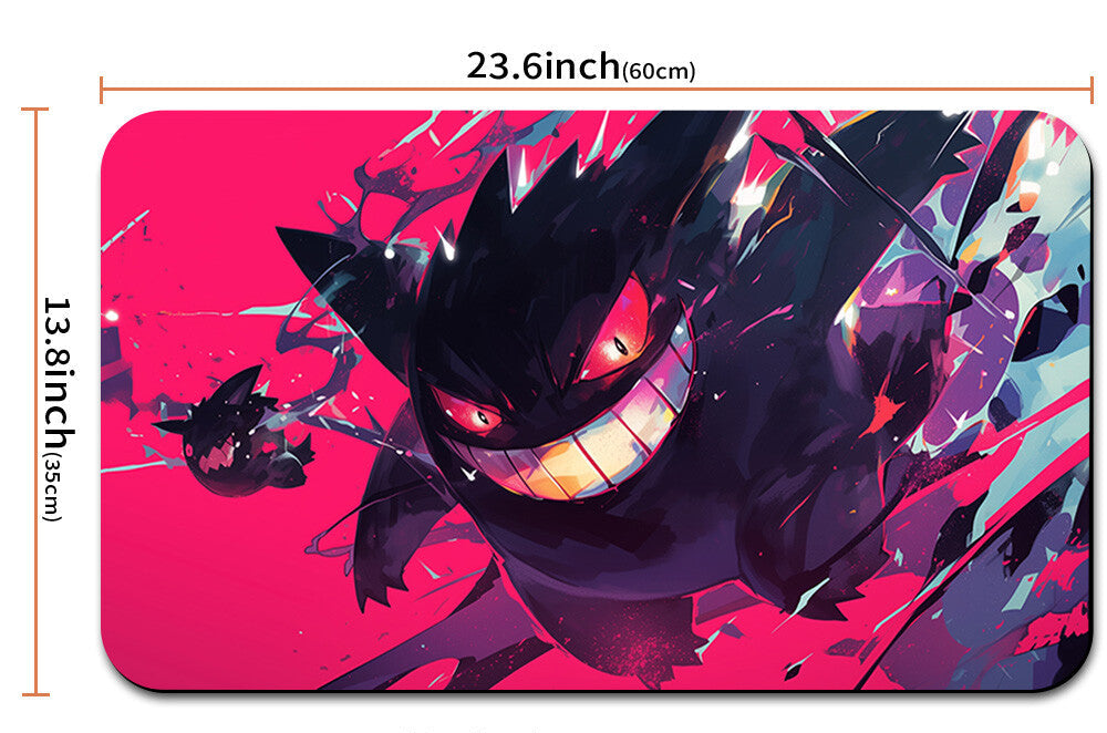 Gengar mouse pad with dimensions and a carrying strap on a white background