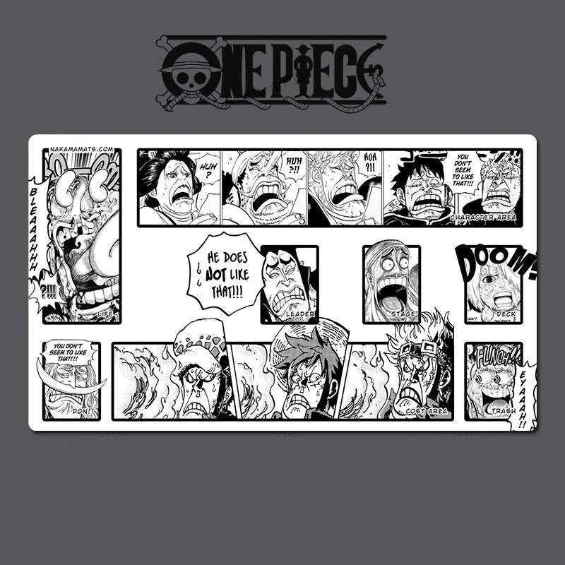 Comic panel from 'One Piece' with various characters and expressions on a gray background.