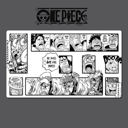 Comic panel from 'One Piece' with various characters and expressions on a gray background.