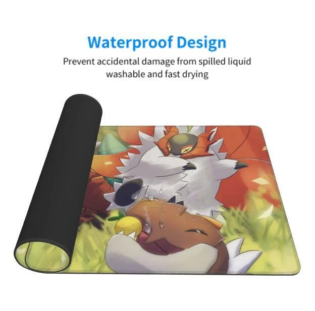 A rolled-up black mouse pad with a colorful printed cartoon illustration on the flat side, shown on a white background with text reading 'Waterproof Design' and 'Prevent accidental damage from spilled liquid washable and fast drying.'.
