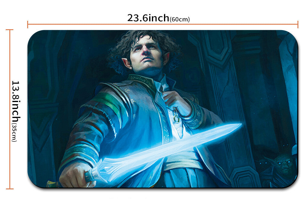 Mouse pad with an illustration of a character holding a sword, showing dimensions.