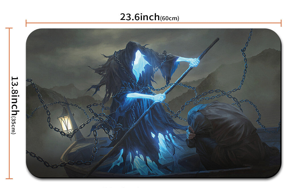 Gaming mouse pad with a design of a character holding a sword, dimensions indicated, and a strap on a white background.
