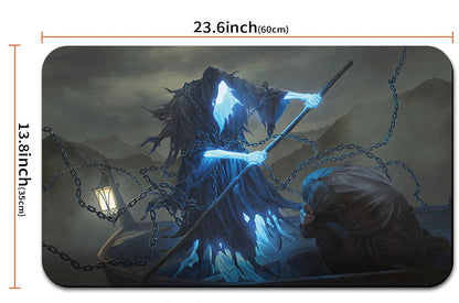 Gaming mouse pad with a design of a character holding a sword, dimensions indicated, and a strap on a white background.