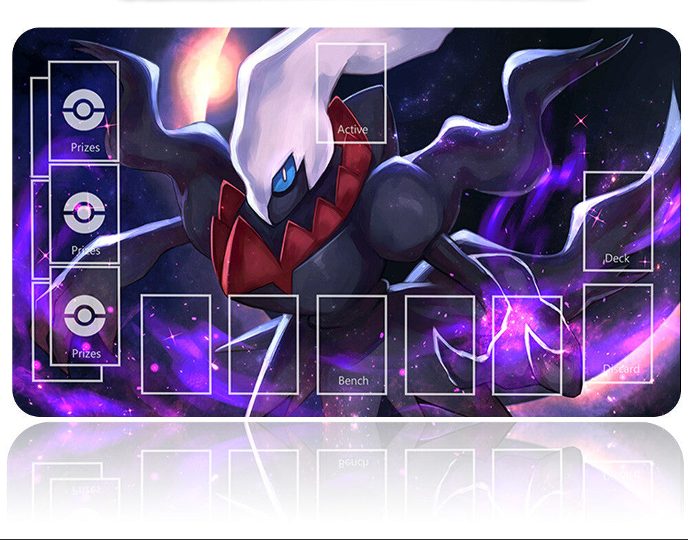 Pokémon-themed playmat with character design and card slots on a reflective surface.