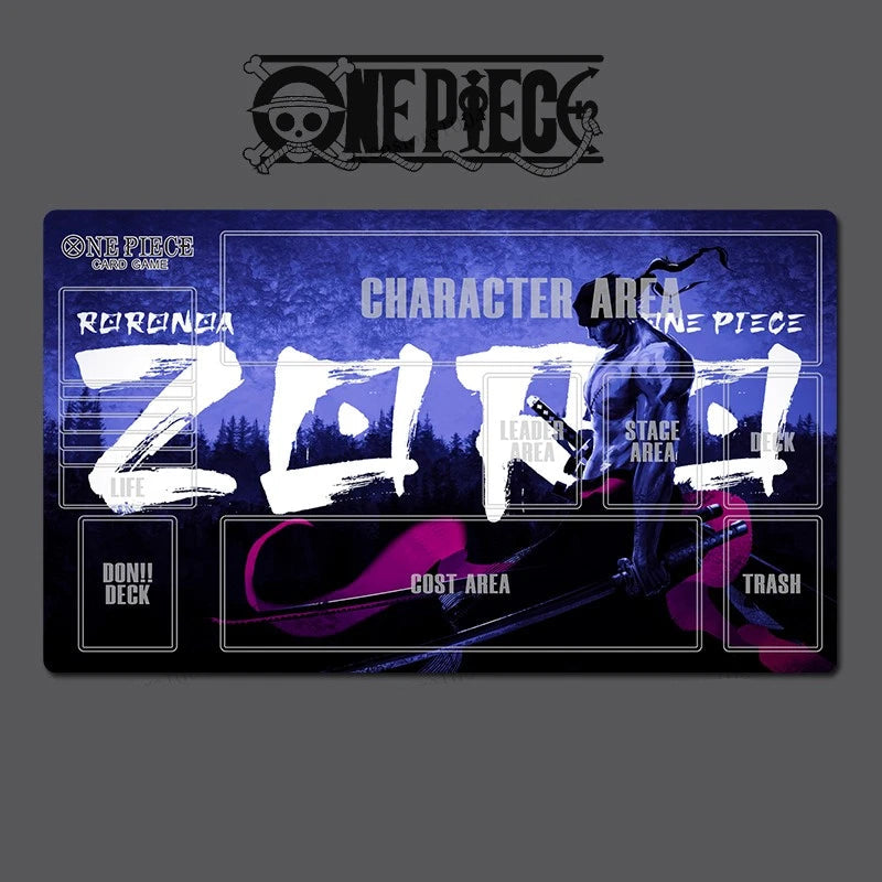 A One Piece themed character deck mat featuring Roronoa Zoro, with a dark blue and black background, white brush-stroke lettering, and a purple silhouette of a swordsman. The One Piece logo is displayed above the mat on a dark gray background.
