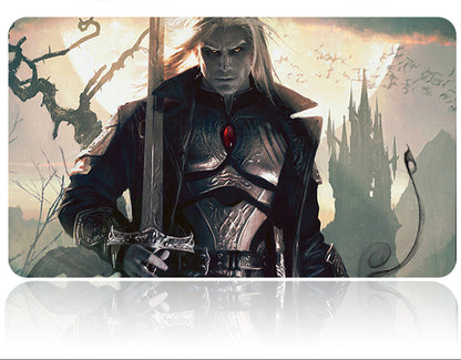 Futuristic armor with a sword against a fantasy landscape background