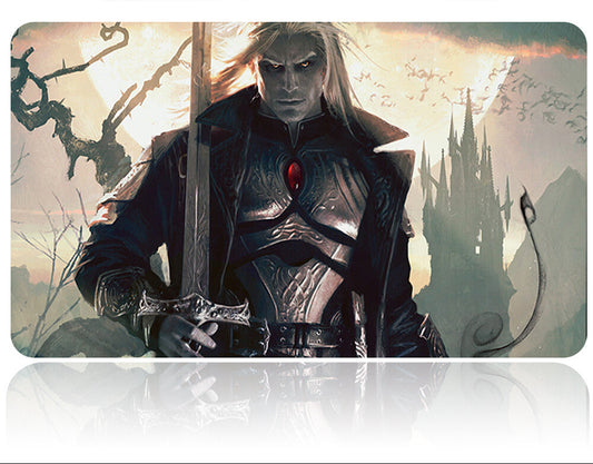 Futuristic armor with a sword against a fantasy landscape background