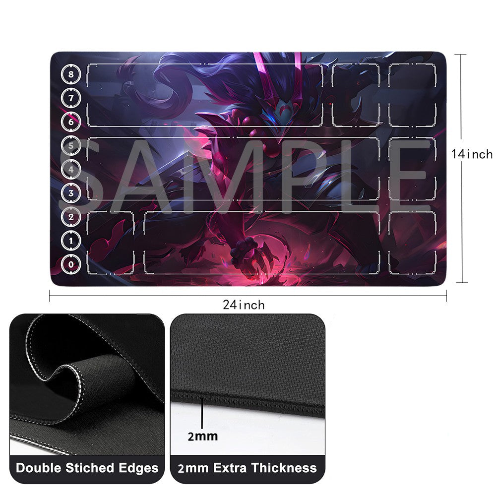 A rectangular gaming desk mat with a dark fantasy illustration, shown on a white background with dimension labels (24 inch by 14 inch), close-up detail panels of stitched edges and thickness, and a small storage bag. The mat has a large translucent SAMPLE watermark across the center.