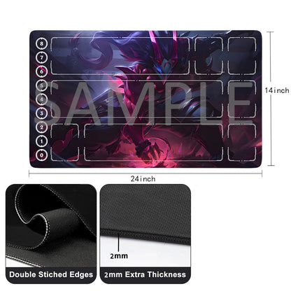 A rectangular gaming desk mat with a dark fantasy illustration, shown on a white background with dimension labels (24 inch by 14 inch), close-up detail panels of stitched edges and thickness, and a small storage bag. The mat has a large translucent SAMPLE watermark across the center.