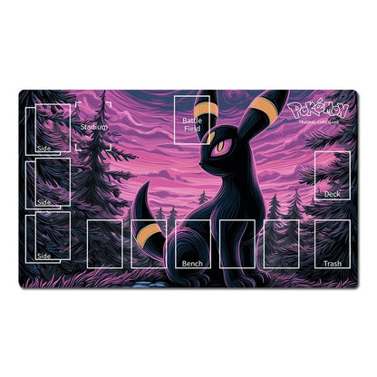 A rectangular Pokémon playmat featuring a dark, stylized forest scene with a black and purple glowing creature in the center. The mat includes printed game area labels such as Side, Battle Field, Deck, Bench, Trash, and Stadium, plus the Pokémon logo in the top right.
