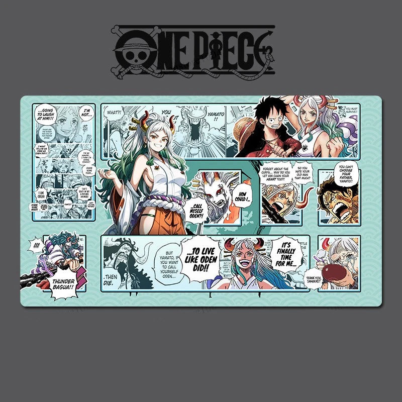 One Piece-themed mouse pad with character illustrations and text on a gray background