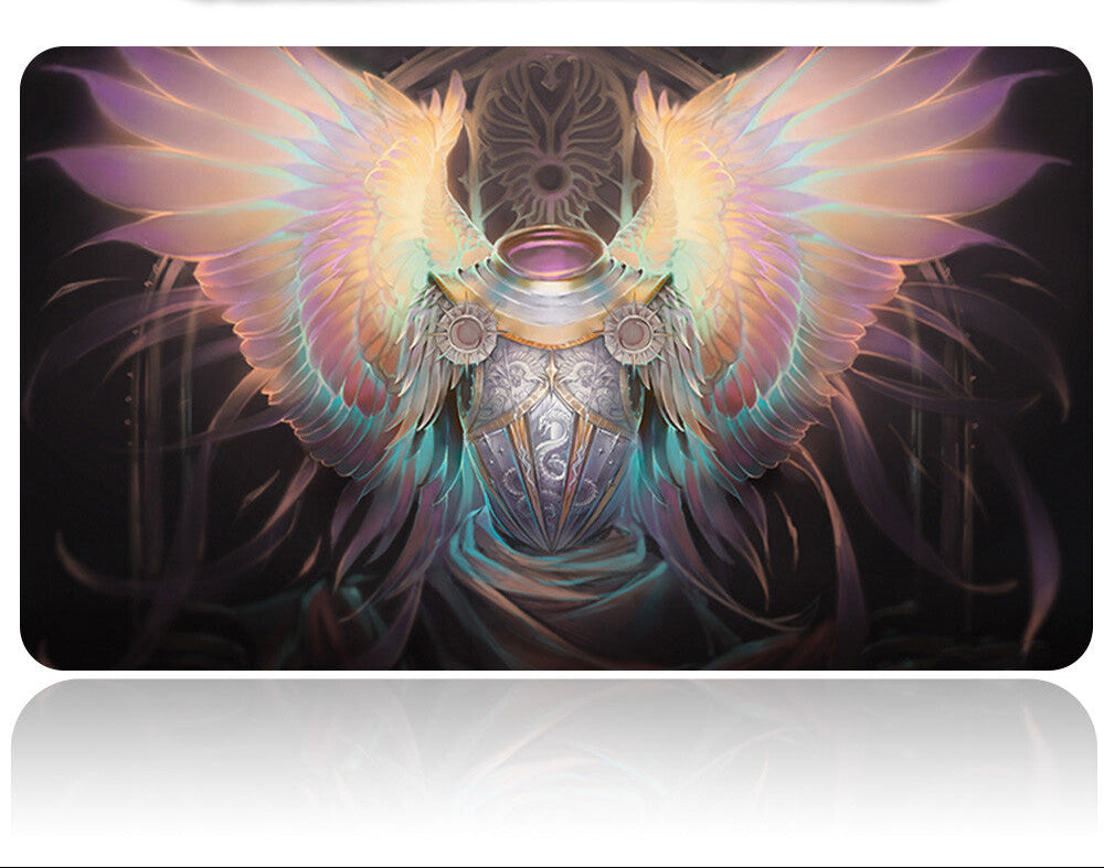 Decorative mat with angel wings design on a black background