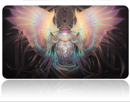 Decorative mat with angel wings design on a black background