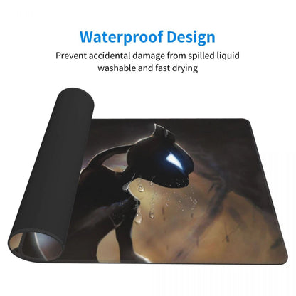 A rolled-up black desk mat with a printed design of a person under a lamp, shown on a white background with text highlighting its waterproof design.