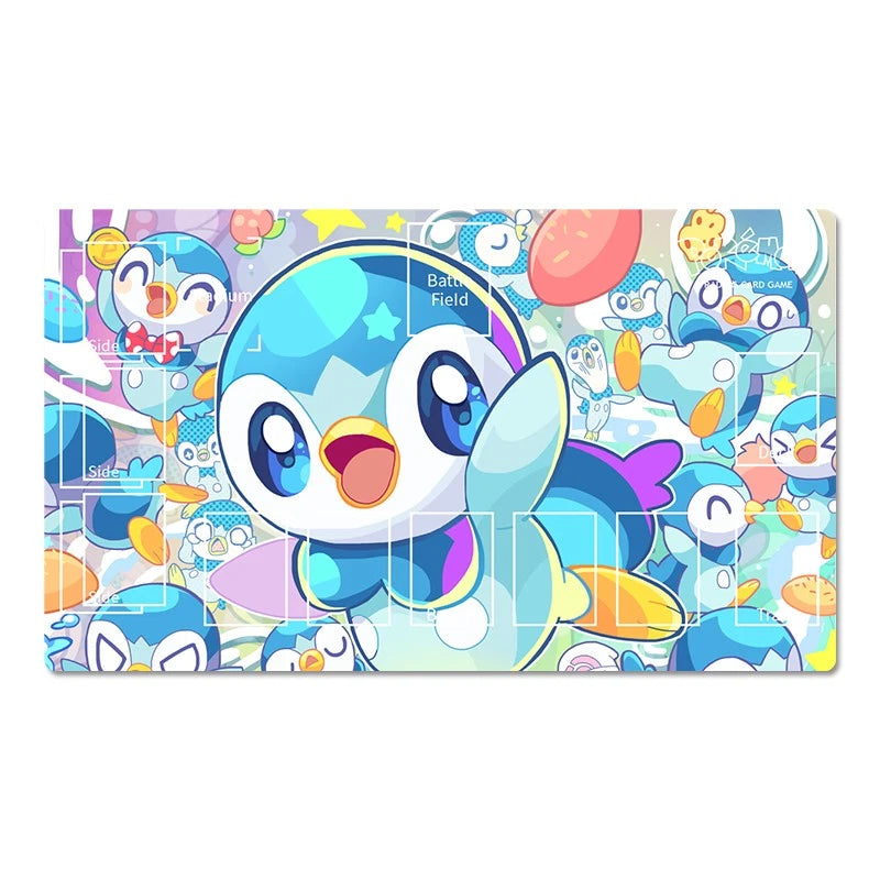 A rectangular collectible card or sticker featuring a colorful collage of Piplup characters, with a large central Piplup wearing a blue space helmet. The background is filled with smaller Piplup illustrations and game-style UI elements, all on a white page background.